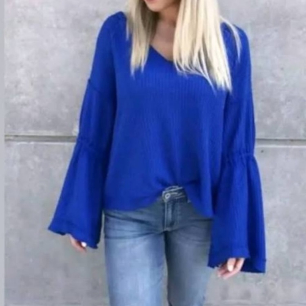 Free People Blue Bell Sleeve Thermal Top Size L Boho Knit Blouse